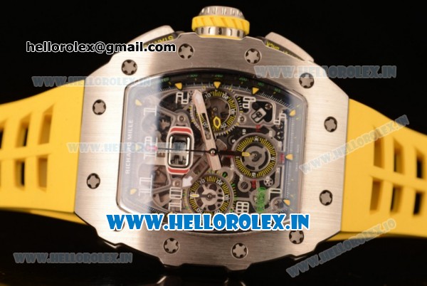 Richard Mille RM11-03 Swiss Valjoux 7750 Automatic Steel Case Skeleton Dial With Arabic Numeral Markers Yellow Rubber Strap(KV) - Click Image to Close